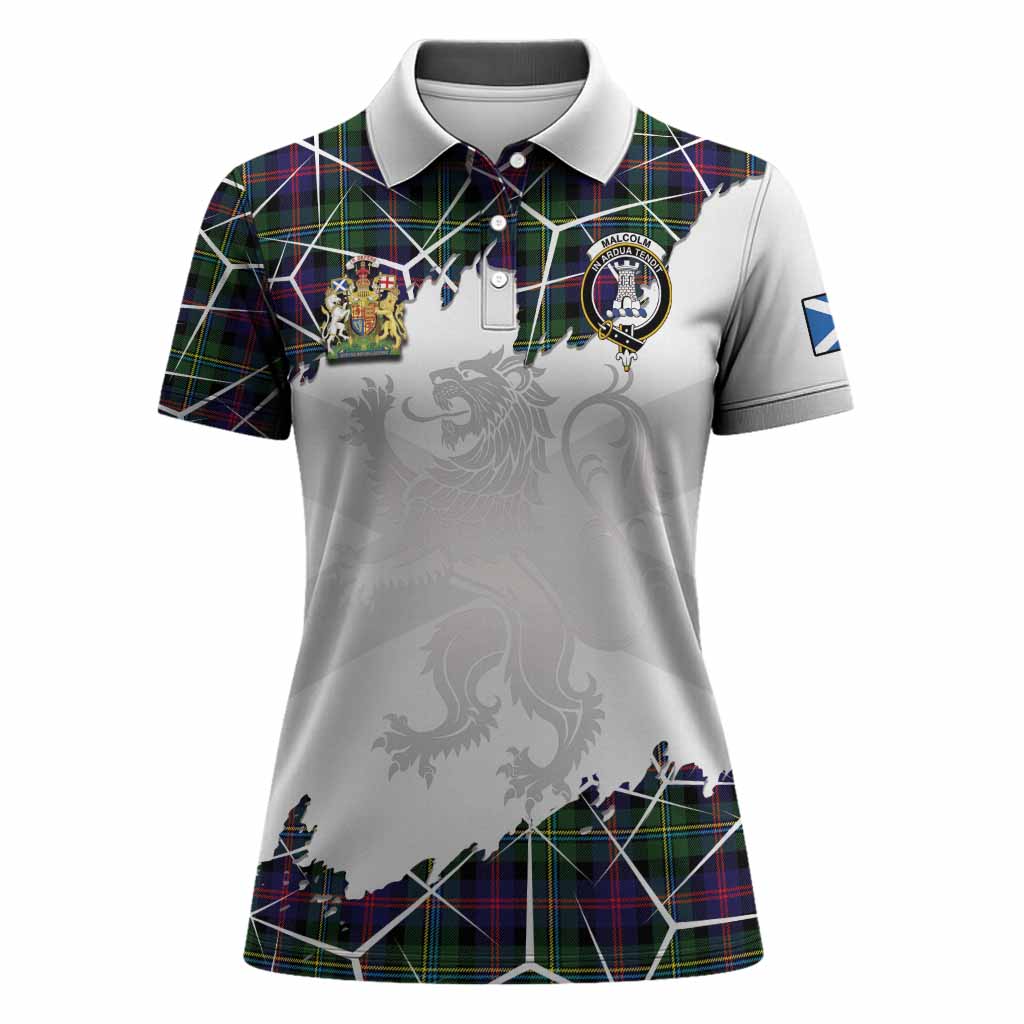 Malcolm Tartan Women Polo Shirt with Family Crest and Lion Rampant Grunge Style