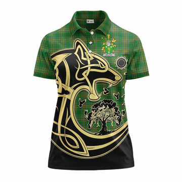 Malone Irish Tartan Women's Polo Shirt with Coat of Arms Celtic Wolf Style Women - Tartan Vibes Clothing