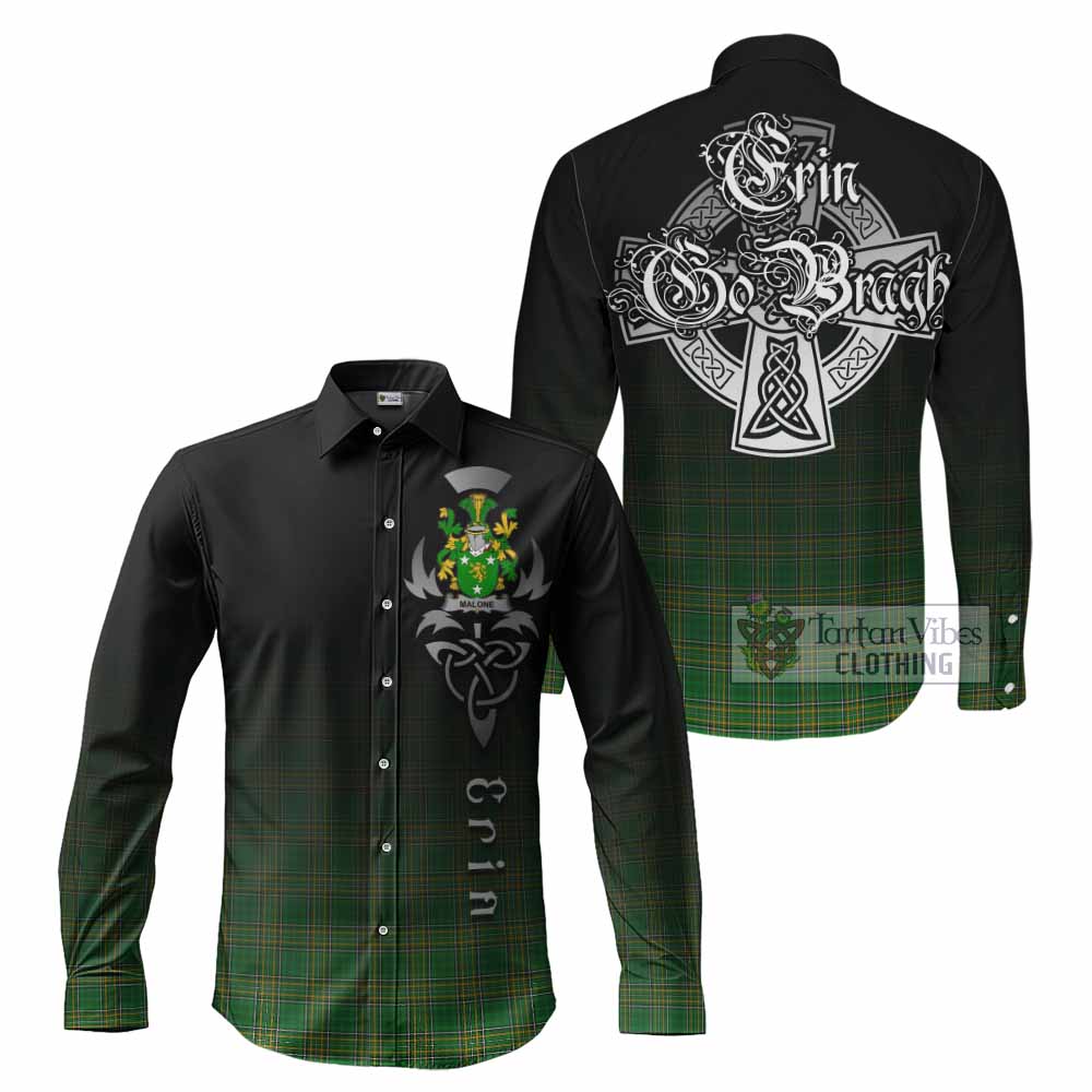 Tartan Vibes Clothing Malone Irish Clan Long Sleeve Button Shirt with Coat of Arms Erin Go Bragh Celtic Inspired