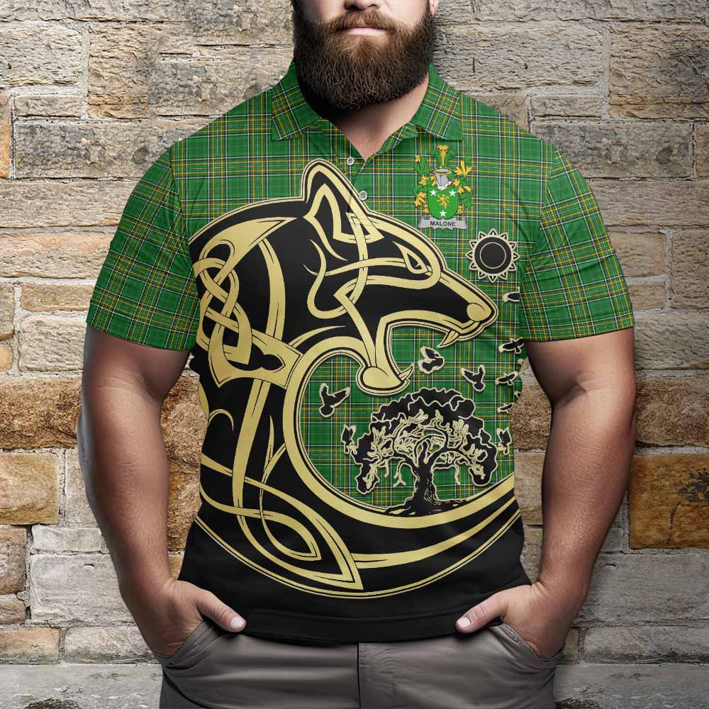 Malone Irish Tartan Polo Shirt with Coat of Arms Celtic Wolf Style - Tartan Vibes Clothing