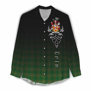 Tartan Vibes Clothing Malpas Irish Clan Women's Casual Shirt with Coat of Arms Erin Go Bragh Celtic Inspired