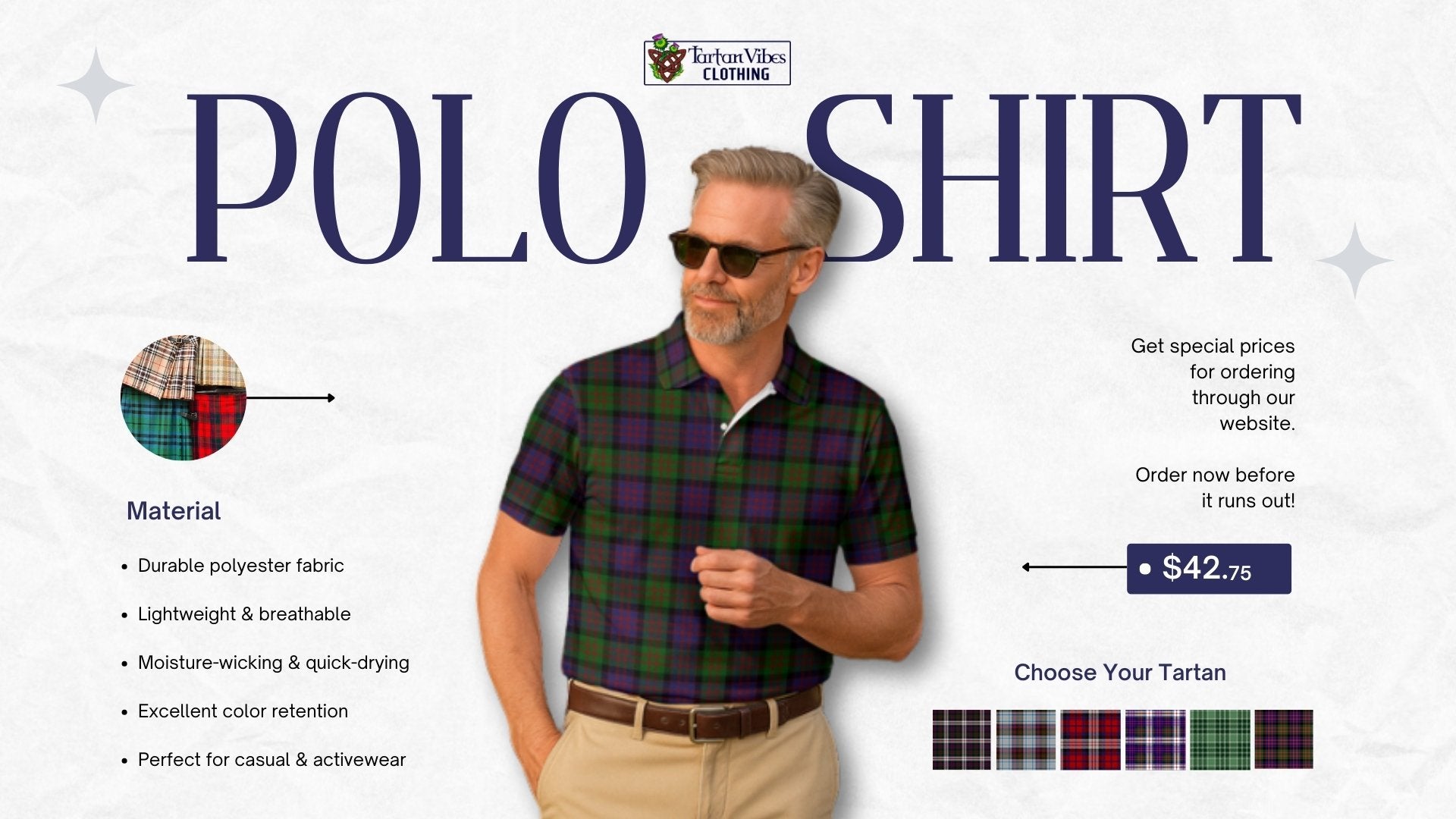 Man in tartan polo shirt with product details, showing sustainable POD apparel