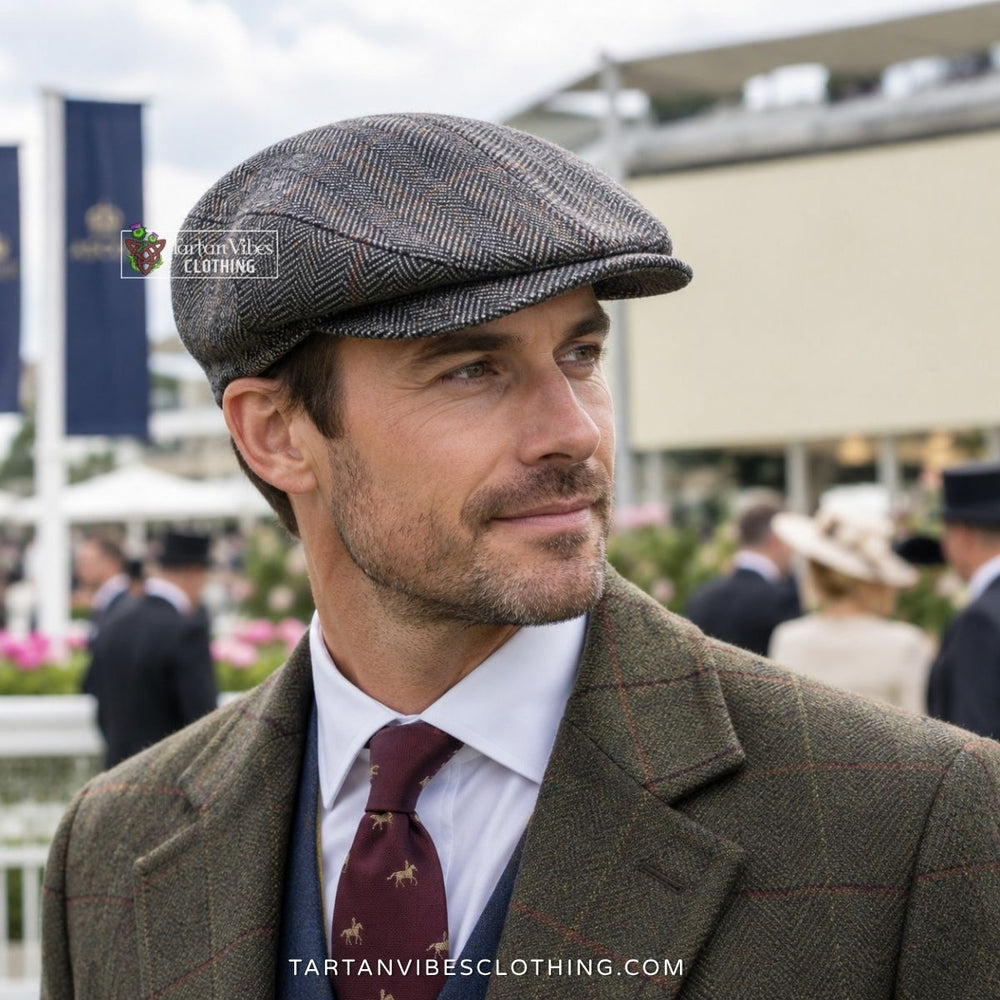 Man wearing a structured herringbone Ascot cap with a firm low-profile crown