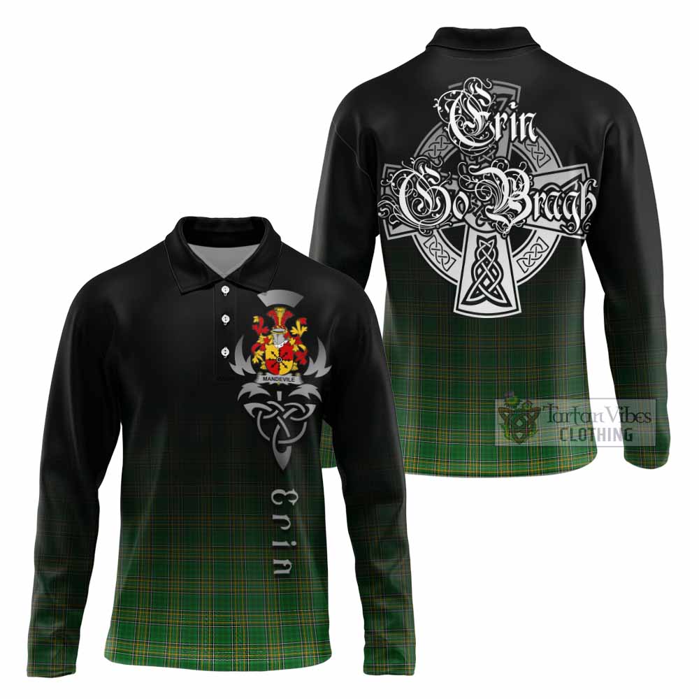 Tartan Vibes Clothing Mandevile Irish Clan Long Sleeve Polo Shirt with Coat of Arms Erin Go Bragh Celtic Inspired