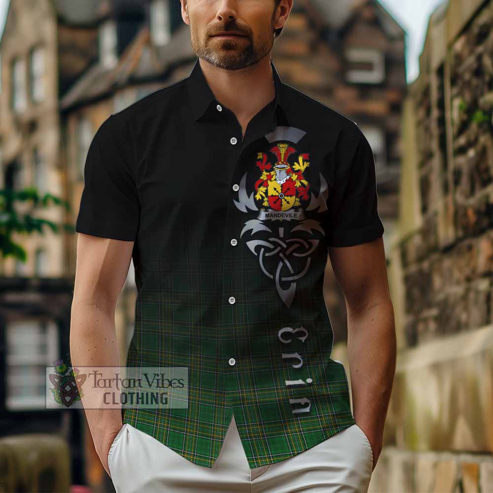 Tartan Vibes Clothing Mandevile Irish Clan Short Sleeve Button Shirt with Coat of Arms Erin Go Bragh Celtic Inspired