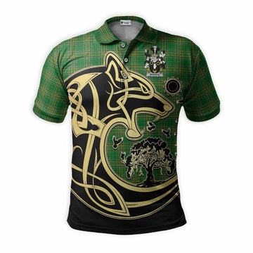 Tartan Vibes Clothing Mangan Irish Tartan Polo Shirt with Coat of Arms Celtic Wolf Style