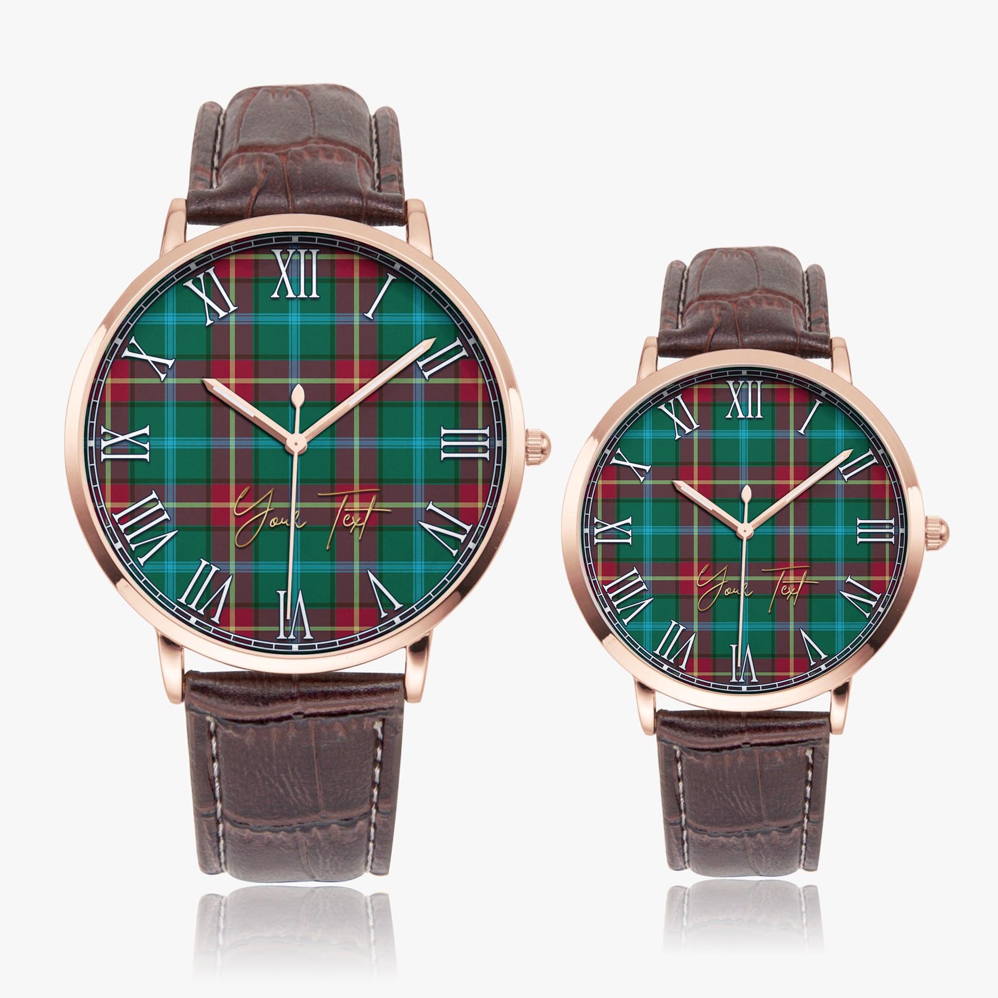 Manitoba Province Canada Tartan Personalized Your Text Leather Trap Quartz Watch Ultra Thin Rose Gold Case With Brown Leather Strap - Tartanvibesclothing