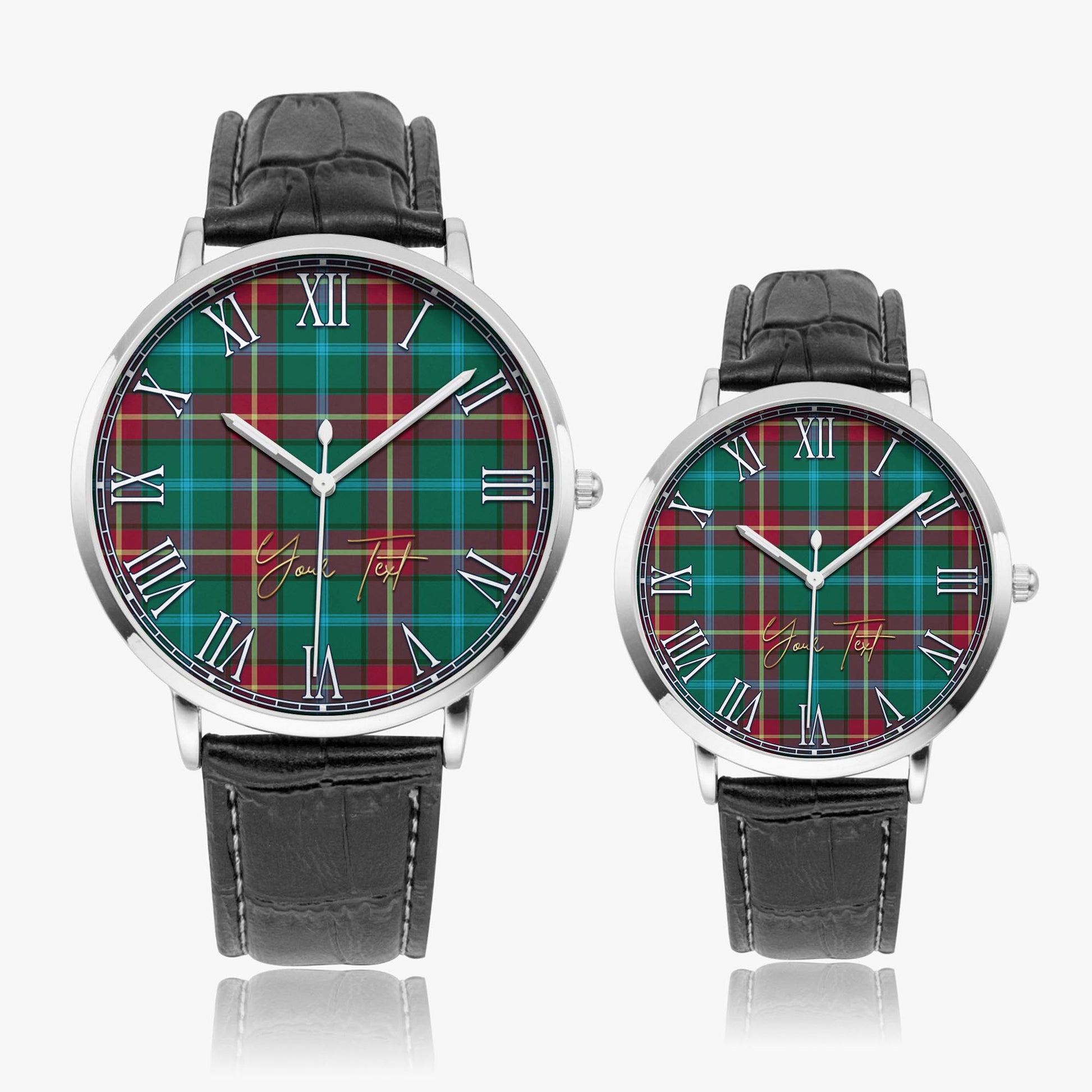 Manitoba Province Canada Tartan Personalized Your Text Leather Trap Quartz Watch Ultra Thin Silver Case With Black Leather Strap - Tartanvibesclothing