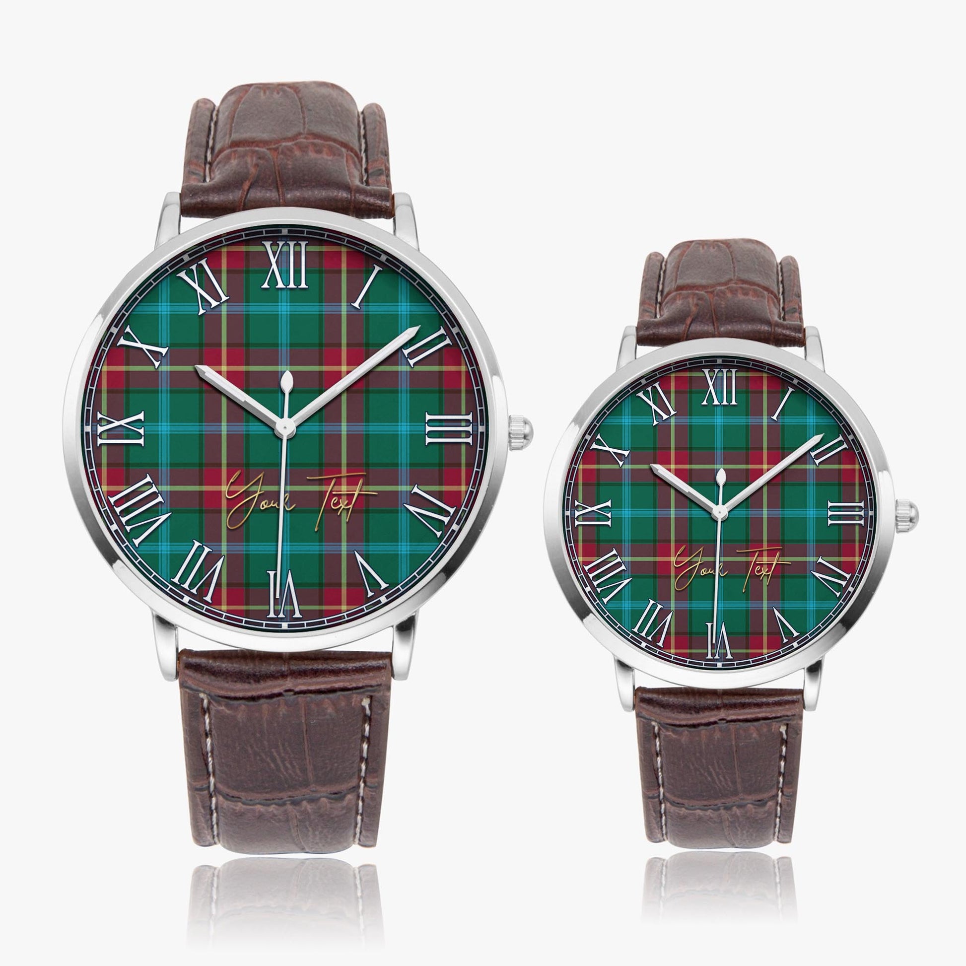 Manitoba Province Canada Tartan Personalized Your Text Leather Trap Quartz Watch Ultra Thin Silver Case With Brown Leather Strap - Tartanvibesclothing