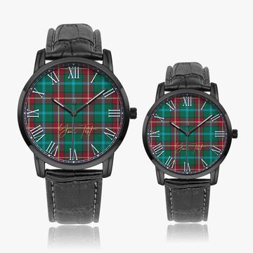 Manitoba Province Canada Tartan Personalized Your Text Leather Trap Quartz Watch Wide Type Black Case With Black Leather Strap - Tartanvibesclothing