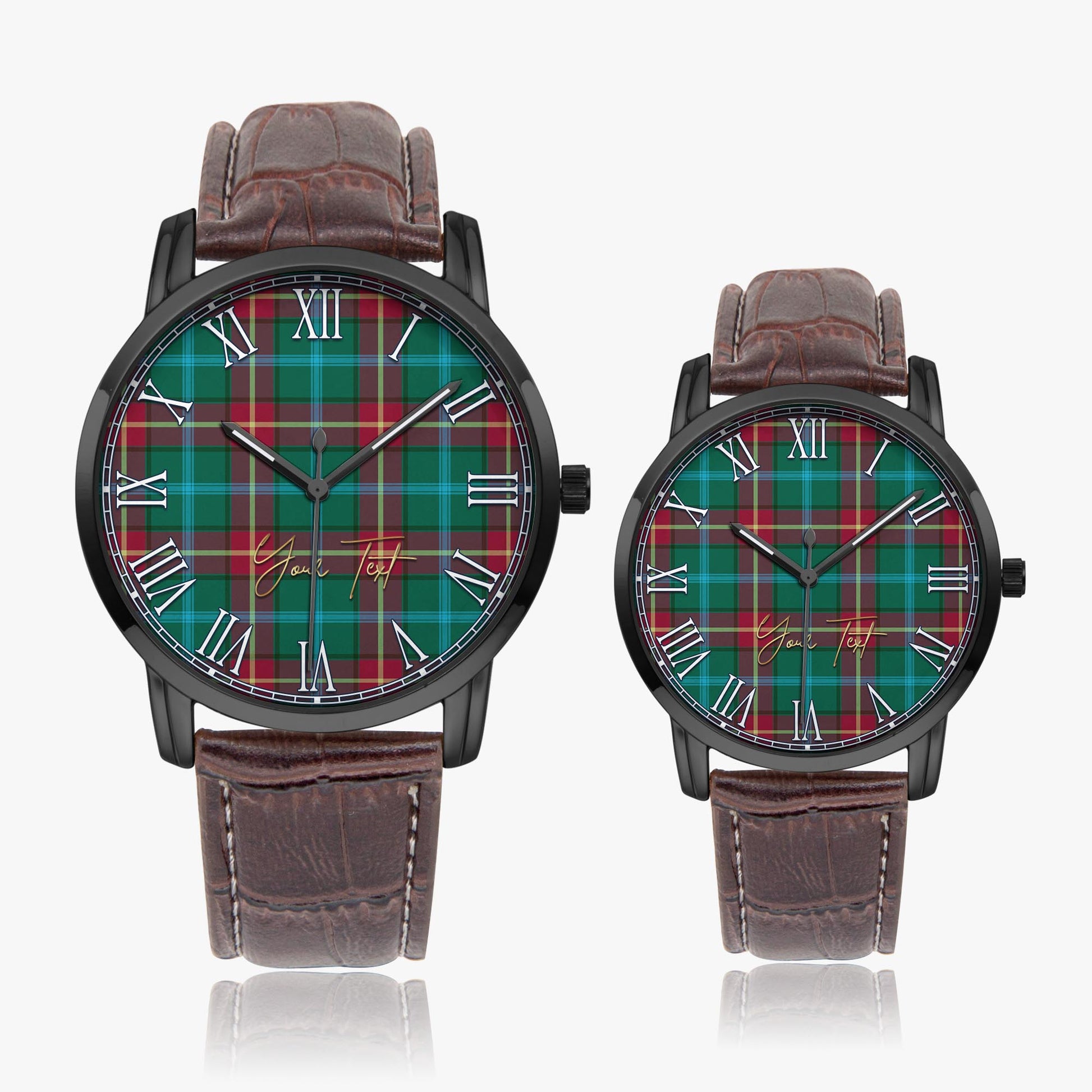 Manitoba Province Canada Tartan Personalized Your Text Leather Trap Quartz Watch Wide Type Black Case With Brown Leather Strap - Tartanvibesclothing