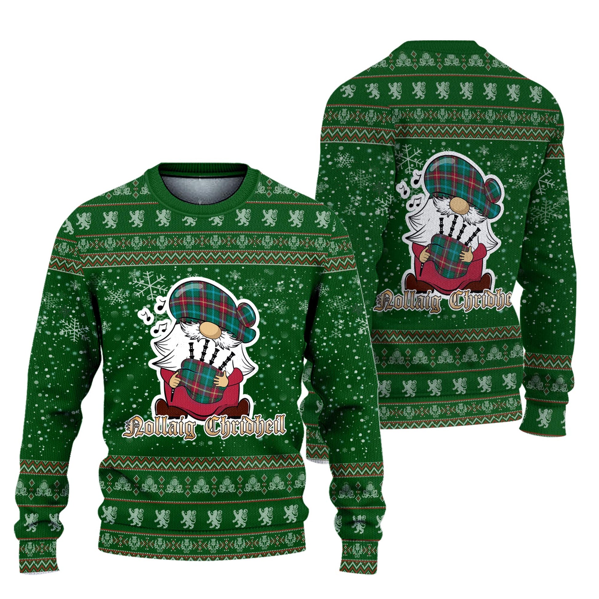 Manitoba Province Canada Clan Christmas Family Knitted Sweater with Funny Gnome Playing Bagpipes Unisex Green - Tartanvibesclothing