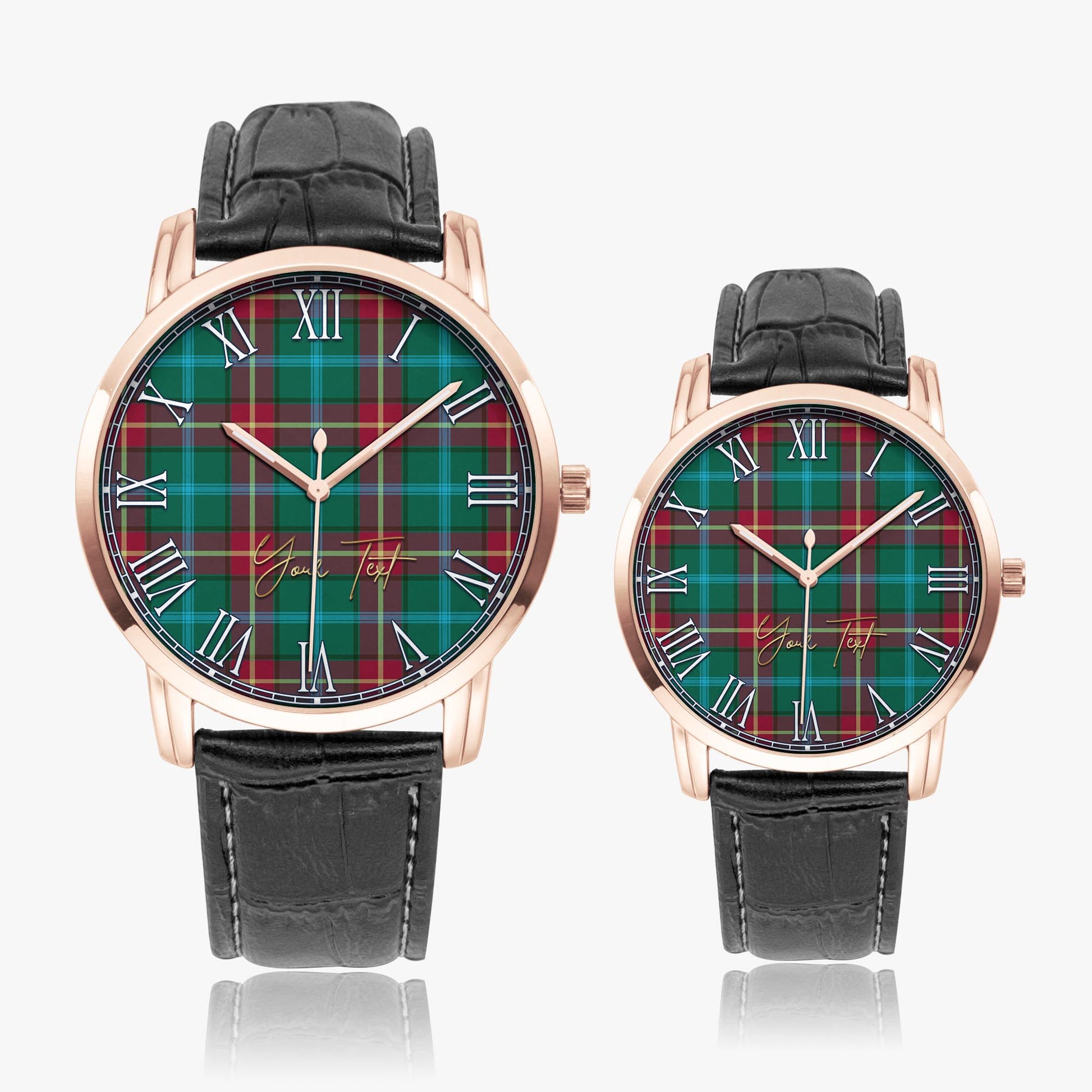Manitoba Province Canada Tartan Personalized Your Text Leather Trap Quartz Watch Wide Type Rose Gold Case With Black Leather Strap - Tartanvibesclothing