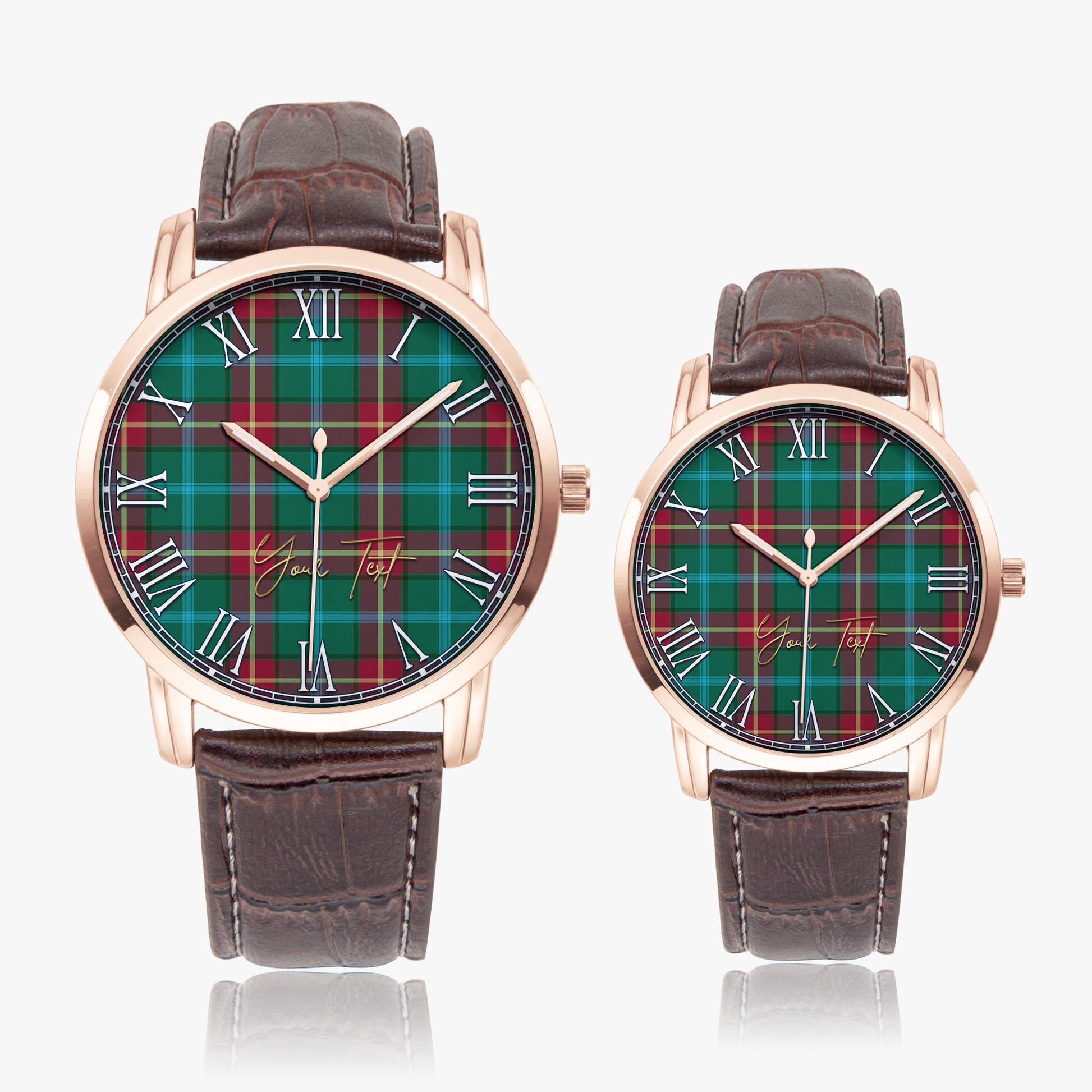 Manitoba Province Canada Tartan Personalized Your Text Leather Trap Quartz Watch Wide Type Rose Gold Case With Brown Leather Strap - Tartanvibesclothing