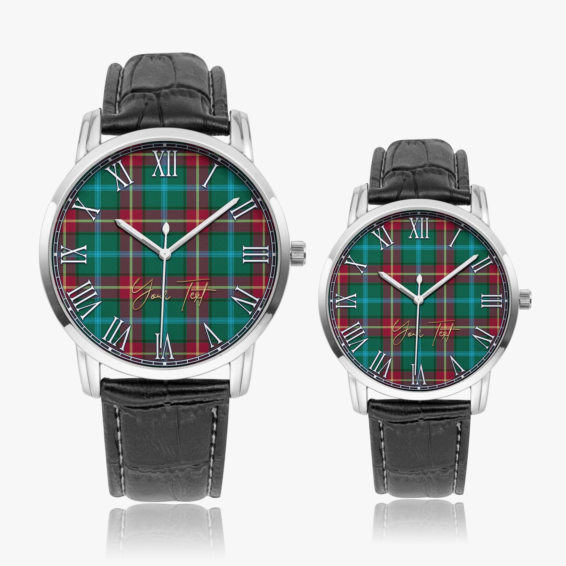 Manitoba Province Canada Tartan Personalized Your Text Leather Trap Quartz Watch Wide Type Silver Case With Black Leather Strap - Tartanvibesclothing