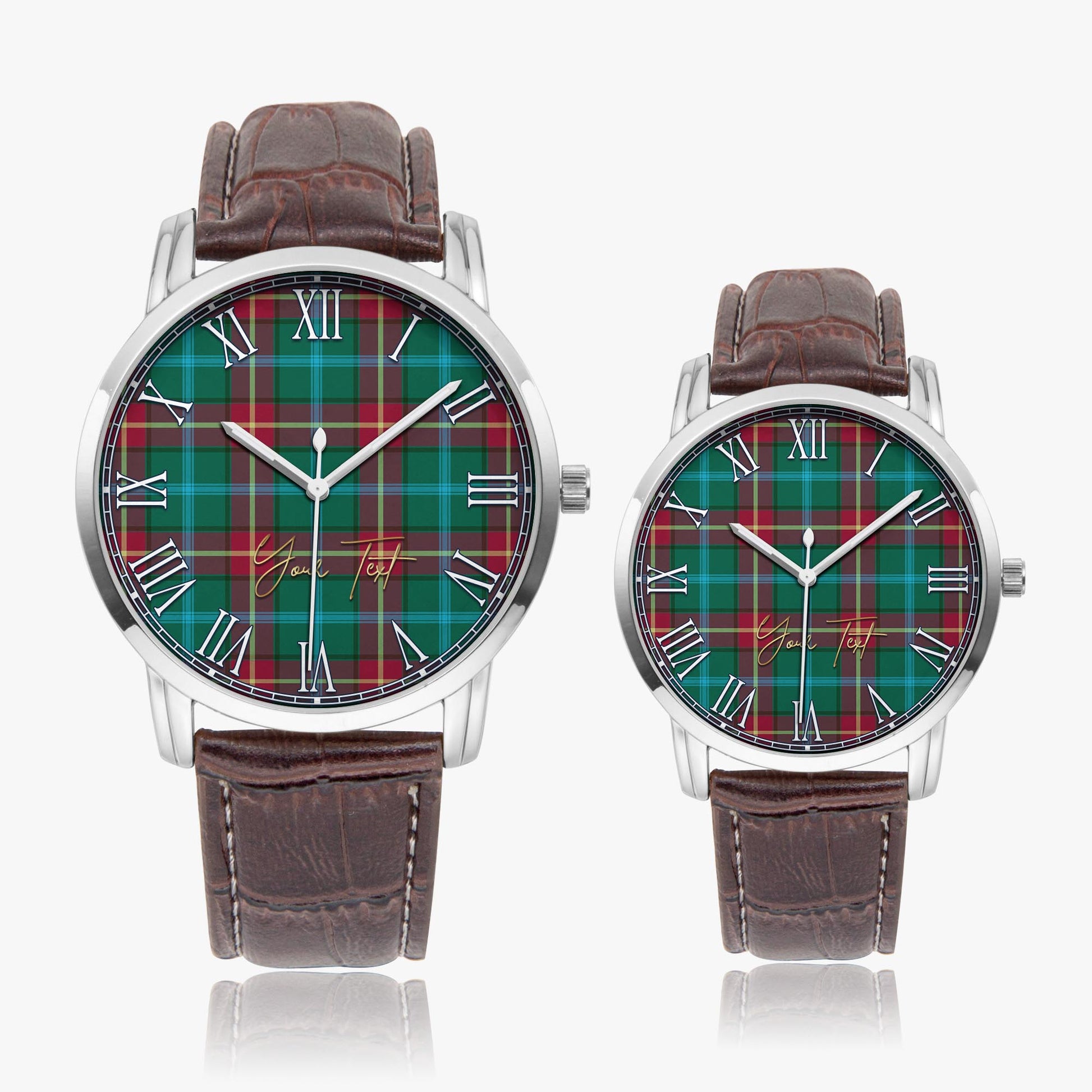 Manitoba Province Canada Tartan Personalized Your Text Leather Trap Quartz Watch Wide Type Silver Case With Brown Leather Strap - Tartanvibesclothing