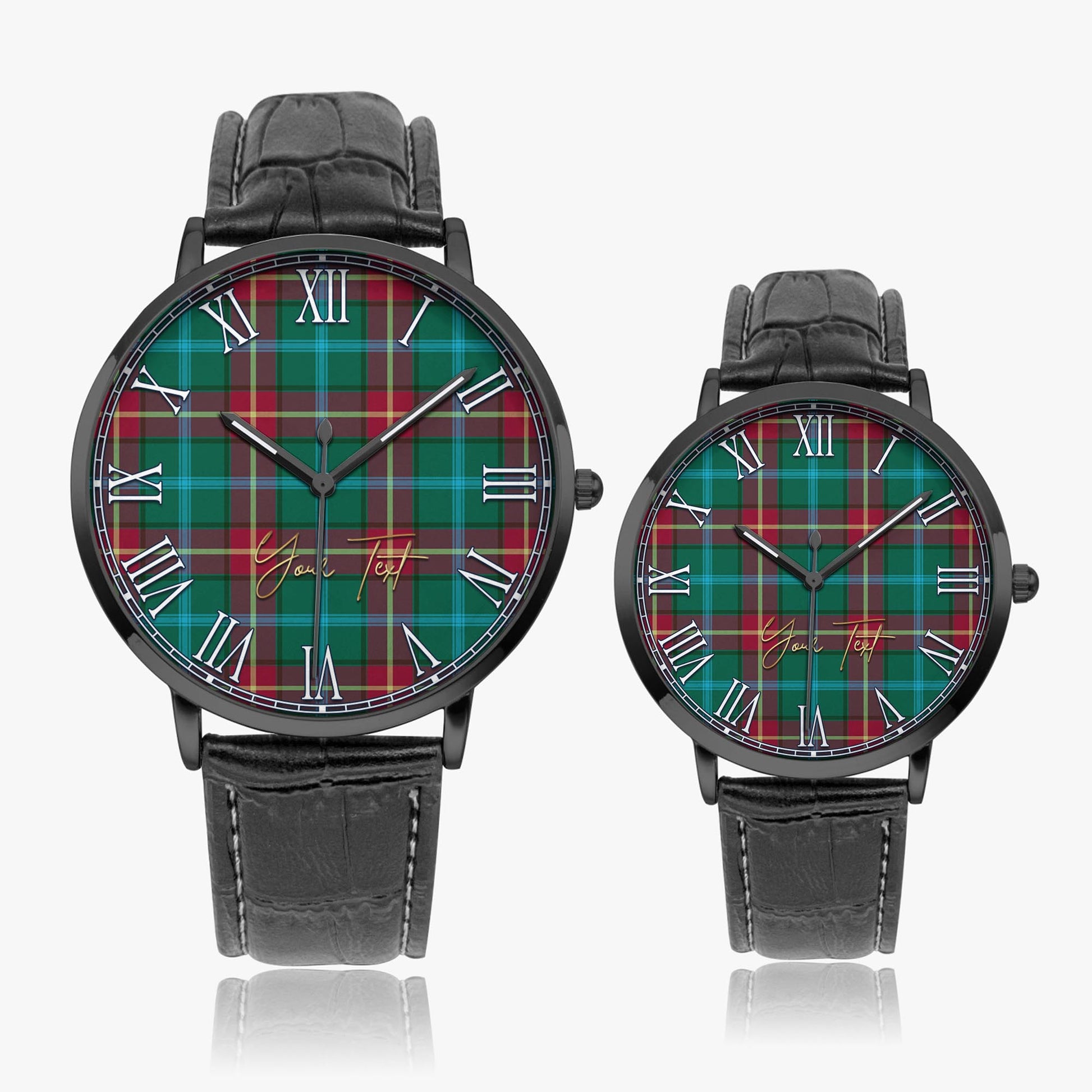 Manitoba Province Canada Tartan Personalized Your Text Leather Trap Quartz Watch Ultra Thin Black Case With Black Leather Strap - Tartanvibesclothing