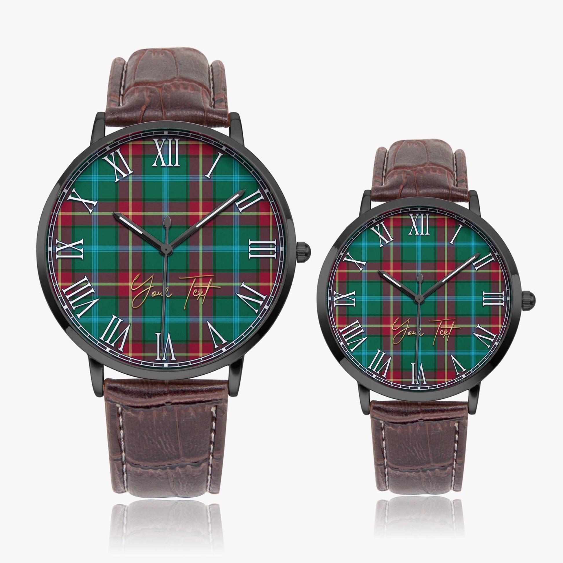 Manitoba Province Canada Tartan Personalized Your Text Leather Trap Quartz Watch Ultra Thin Black Case With Brown Leather Strap - Tartanvibesclothing