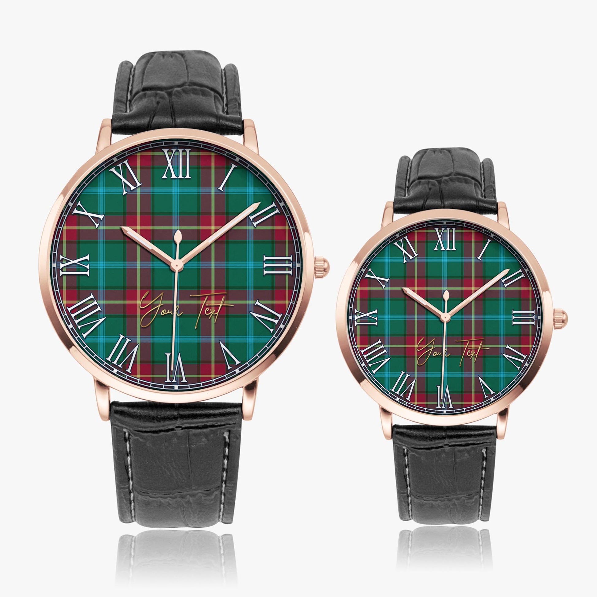 Manitoba Province Canada Tartan Personalized Your Text Leather Trap Quartz Watch Ultra Thin Rose Gold Case With Black Leather Strap - Tartanvibesclothing
