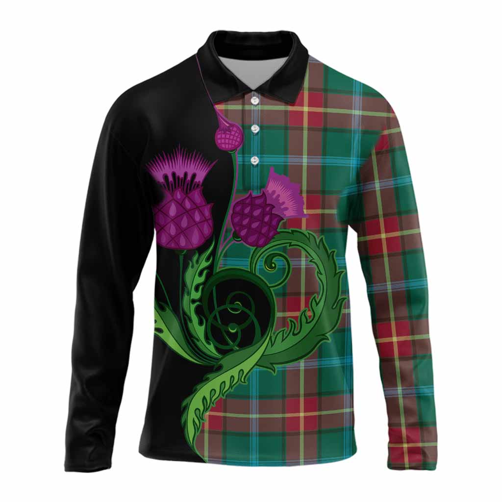 Manitoba Province Canada Tartan Long Sleeve Polo Shirt Traditional Scottish Thistle