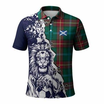 Manitoba Province Canada Tartan Scottish Polo Shirt Angry Lion With Soccer Ball Style