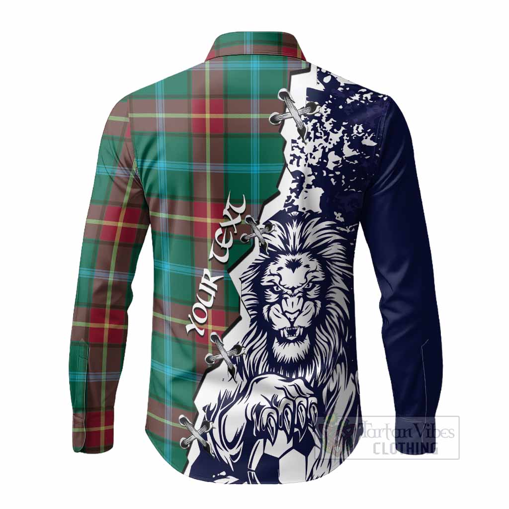 Manitoba Tartan Scottish Long Sleeve Button Shirts Angry Lion With Soccer Ball Style