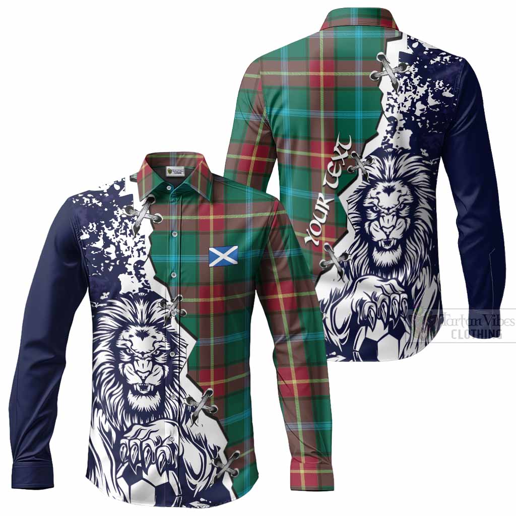 Manitoba Tartan Scottish Long Sleeve Button Shirts Angry Lion With Soccer Ball Style