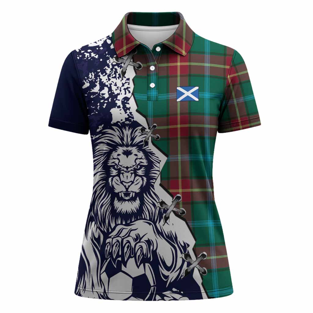 Manitoba Tartan Scottish Women Polo Shirt Angry Lion With Soccer Ball Style