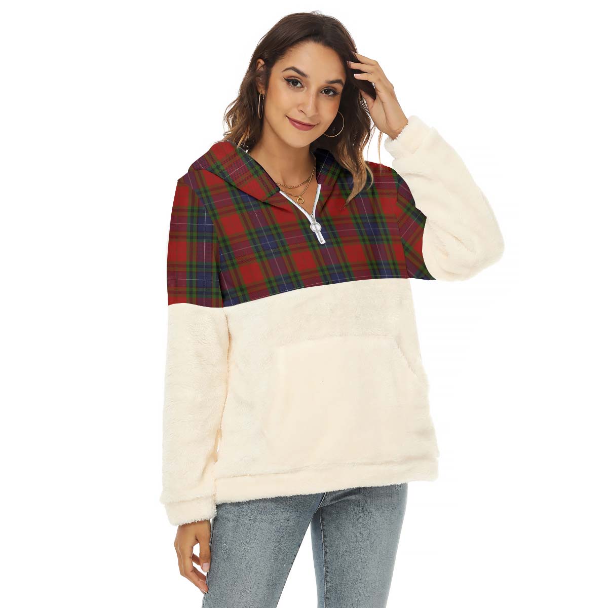 Manson Tartan Half Style Women's Borg Fleece Hoodie with Half Zip Female - Tartan Vibes Clothing