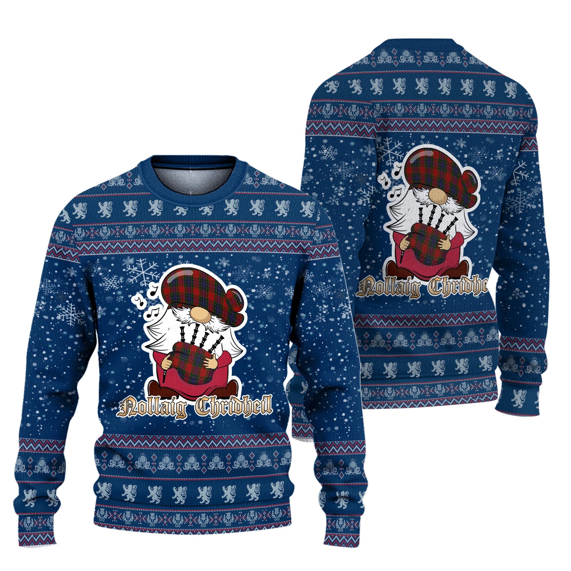 Manson Clan Christmas Family Knitted Sweater with Funny Gnome Playing Bagpipes Unisex Blue - Tartanvibesclothing