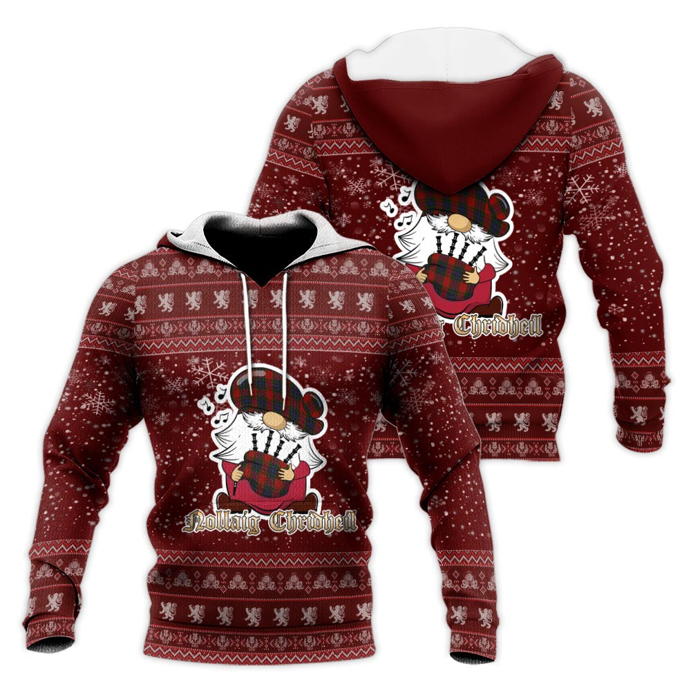Manson Clan Christmas Knitted Hoodie with Funny Gnome Playing Bagpipes Red - Tartanvibesclothing