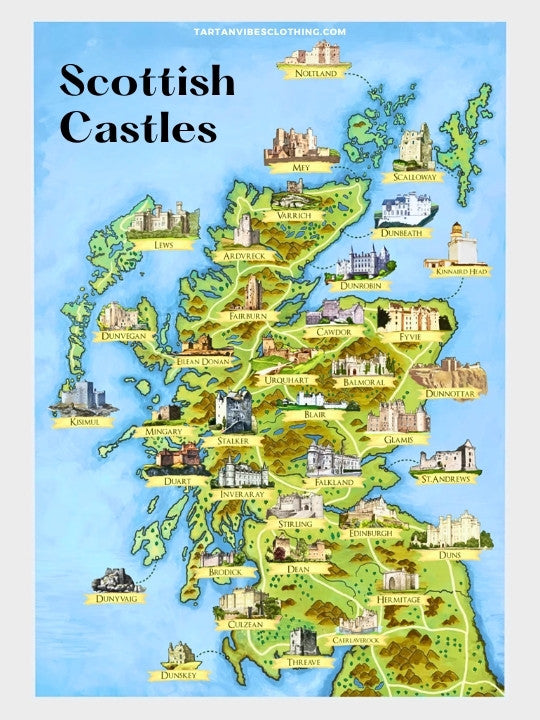 Map of Scotland highlighting famous Scottish castles and locations