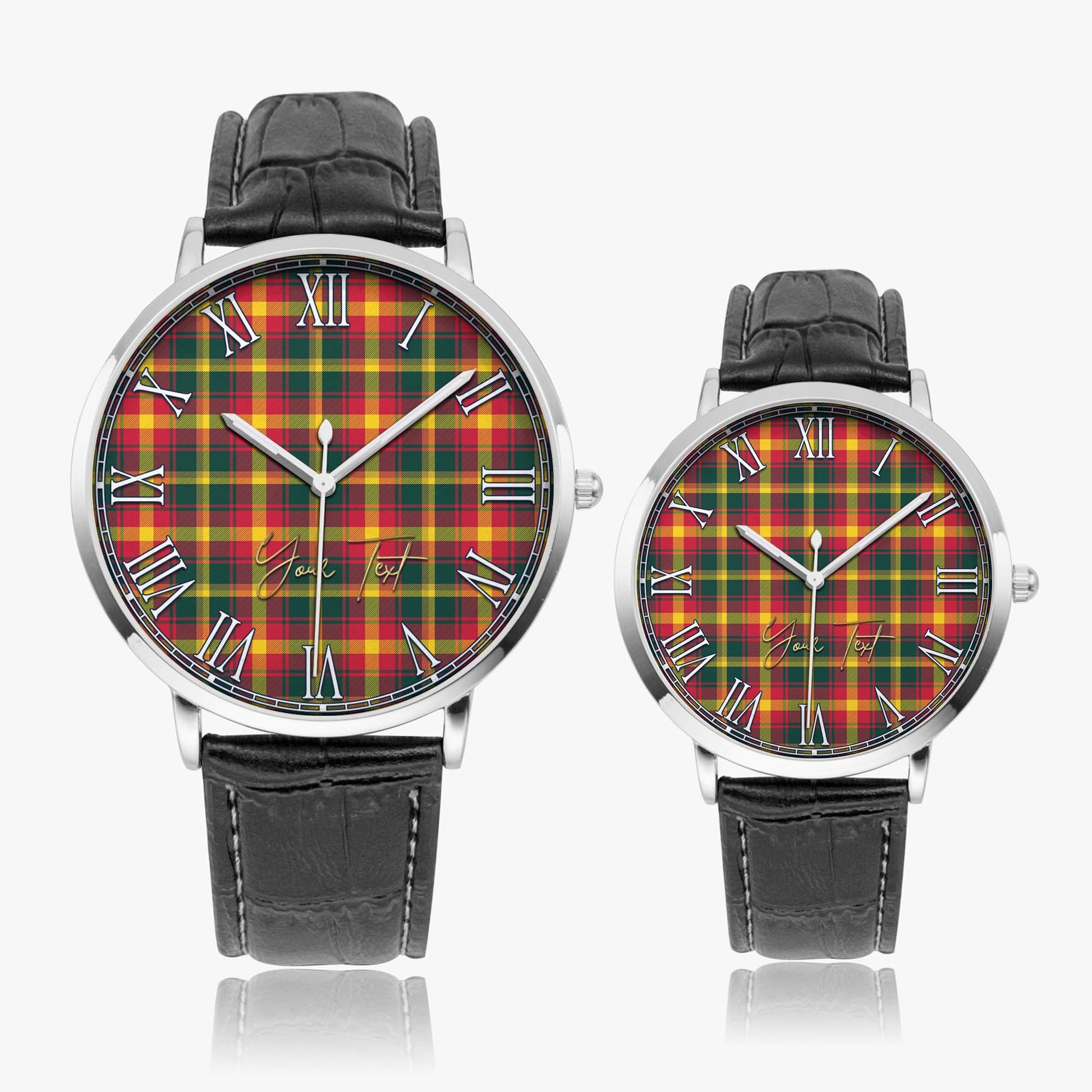 Maple Leaf Canada Tartan Personalized Your Text Leather Trap Quartz Watch Ultra Thin Silver Case With Black Leather Strap - Tartanvibesclothing
