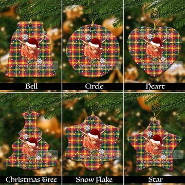 Maple Leaf Canada Tartan Christmas Ceramic Ornaments with Twinkle Highland Cattle