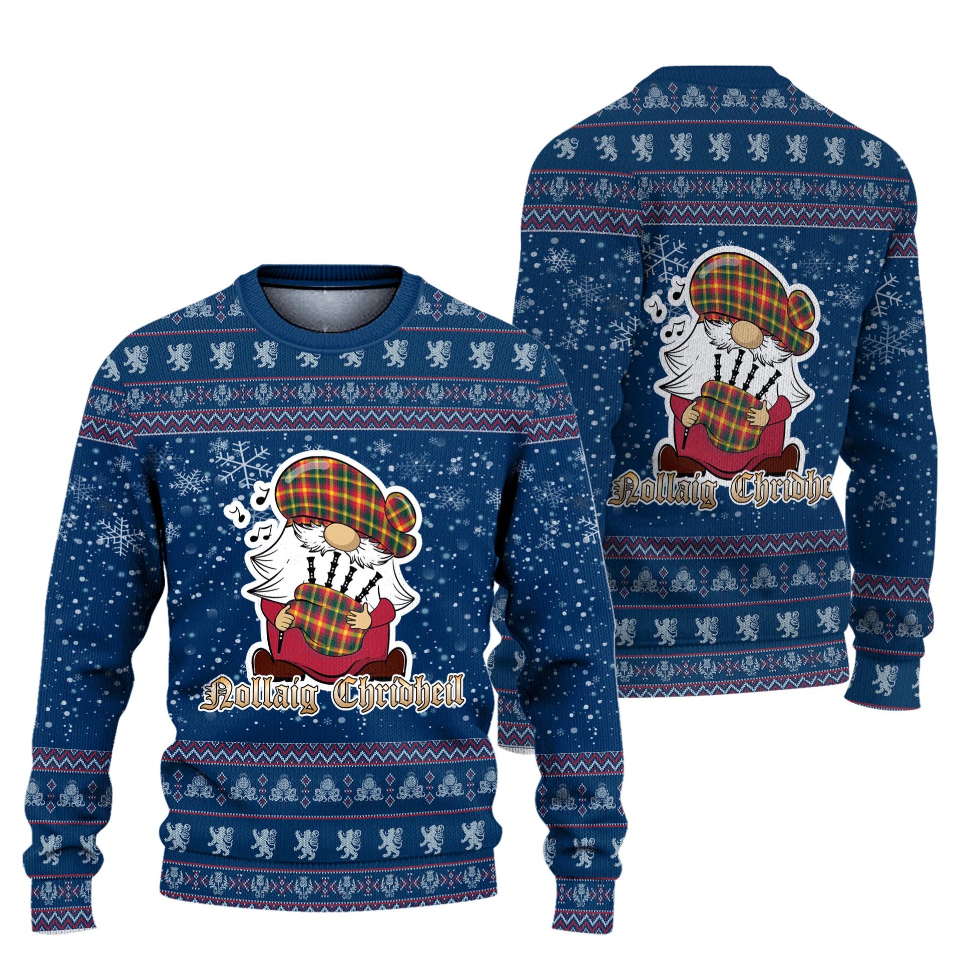 Maple Leaf Canada Clan Christmas Family Knitted Sweater with Funny Gnome Playing Bagpipes Unisex Blue - Tartanvibesclothing