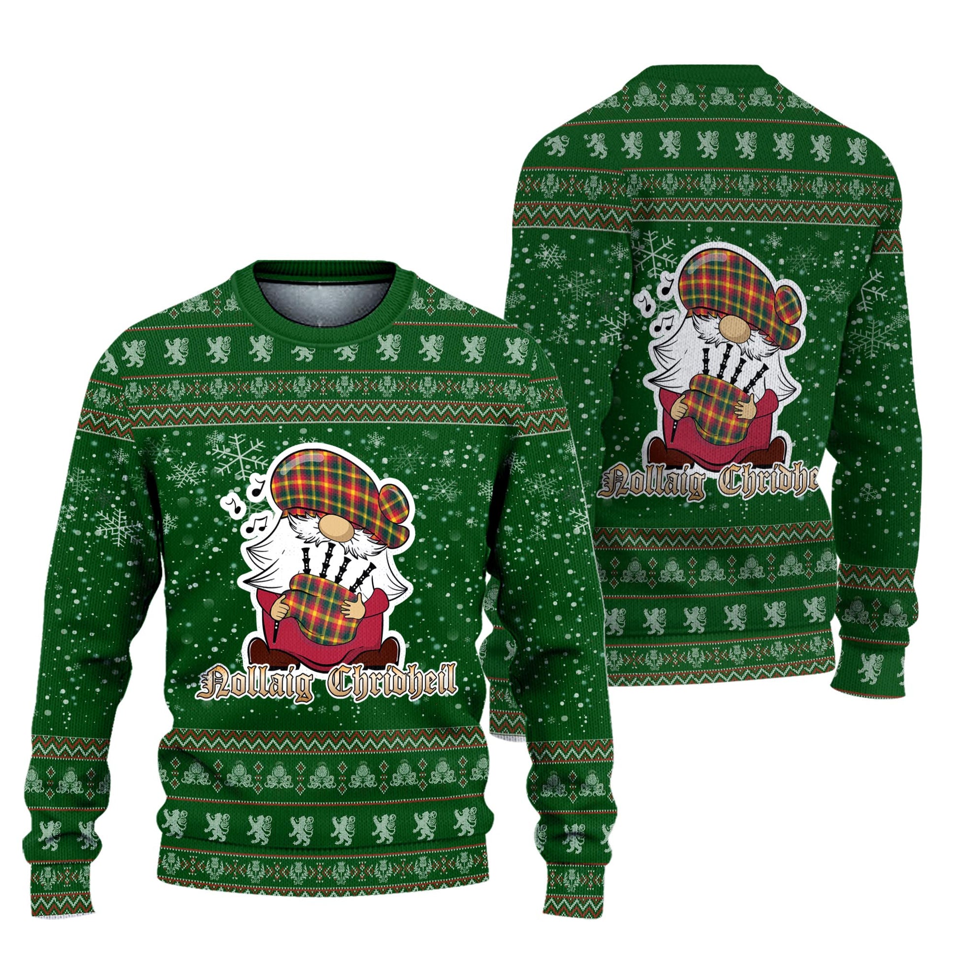 Maple Leaf Canada Clan Christmas Family Knitted Sweater with Funny Gnome Playing Bagpipes Unisex Green - Tartanvibesclothing