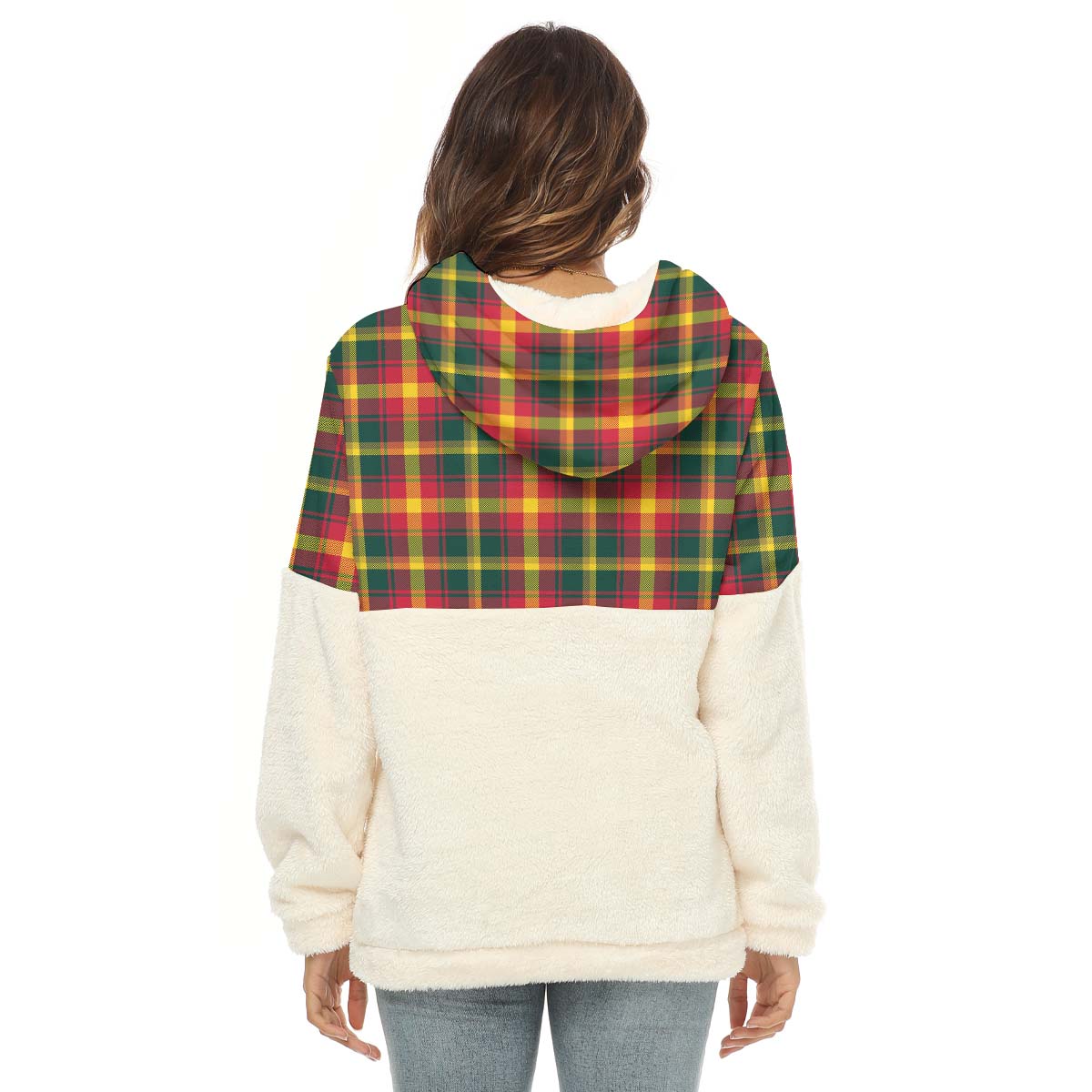 Maple Leaf Canada Tartan Women's Borg Fleece Hoodie With Half Zip - Tartan Vibes Clothing