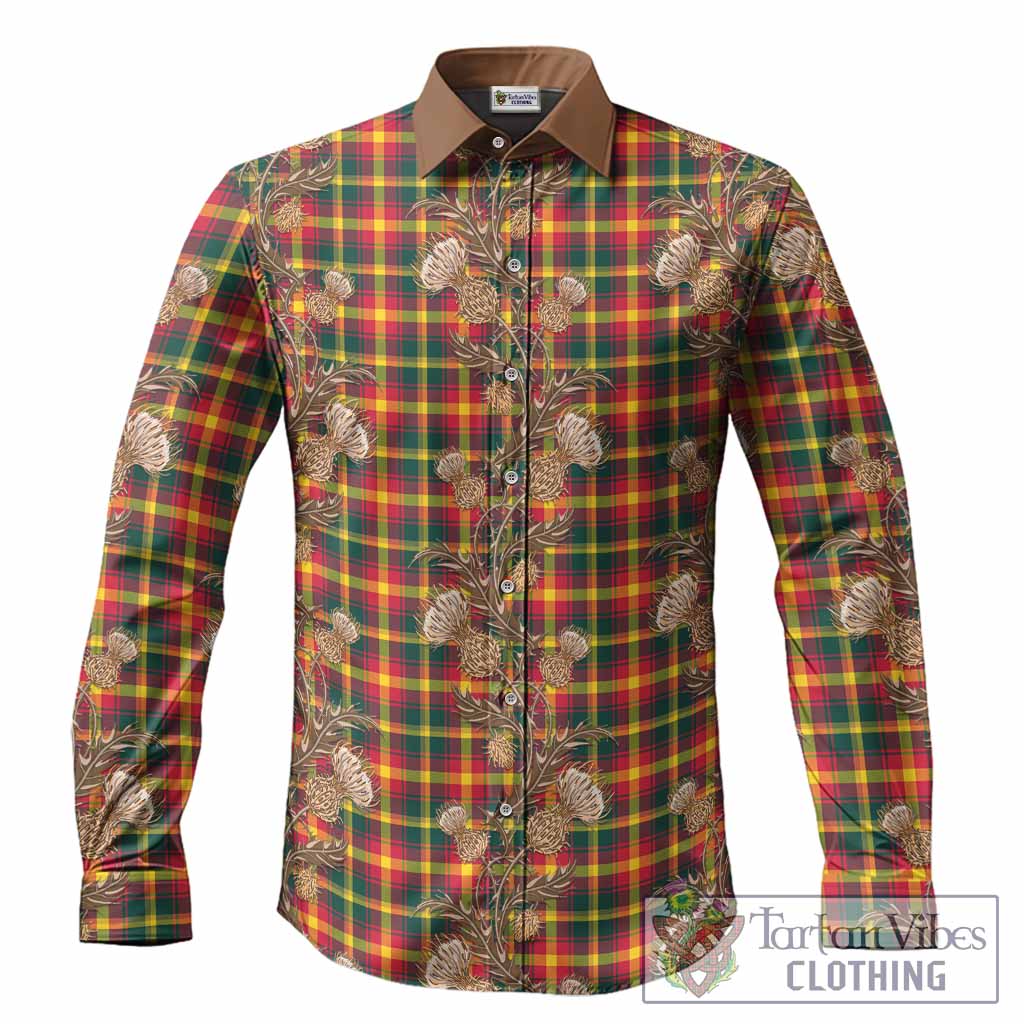 Maple Leaf Tartan Long Sleeve Button Shirts Seamless Scottish Thistle Flowers