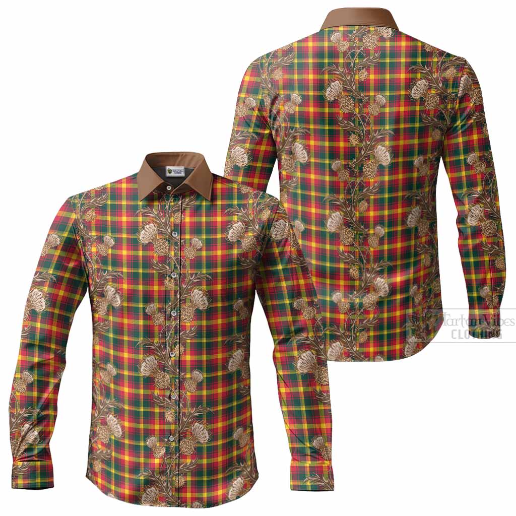 Maple Leaf Tartan Long Sleeve Button Shirts Seamless Scottish Thistle Flowers