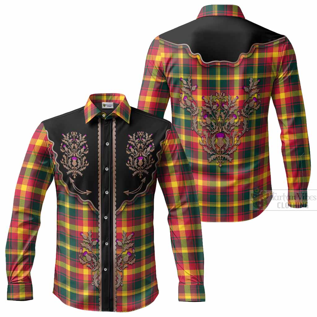 Maple Leaf Tartan Long Sleeve Button Shirts Thistle Ornament Western Yoke Men's Shirt - Tartan Vibes Clothing