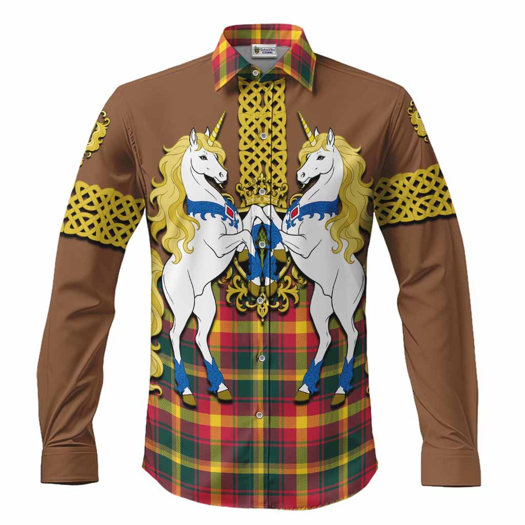 Maple Leaf Tartan Long Sleeve Button Shirts Unicorn Celtic Knot And Thistle Emblem