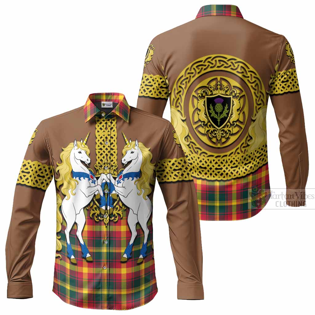 Maple Leaf Tartan Long Sleeve Button Shirts Unicorn Celtic Knot And Thistle Emblem