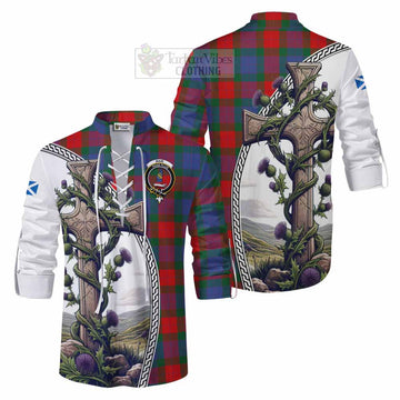 Mar Tartan Ghillie Kilt Shirt with Family Crest and St. Andrew's Cross Accented by Thistle Vines Men - Tartan Vibes Clothing