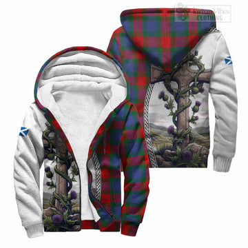Mar Tartan Sherpa Hoodie with Family Crest and St. Andrew's Cross Accented by Thistle Vines Unisex S - Tartan Vibes Clothing