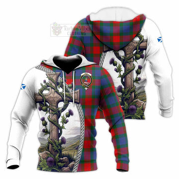 Mar Tartan Knitted Hoodie with Family Crest and St. Andrew's Cross Accented by Thistle Vines Unisex Knitted Pullover Hoodie - Tartan Vibes Clothing