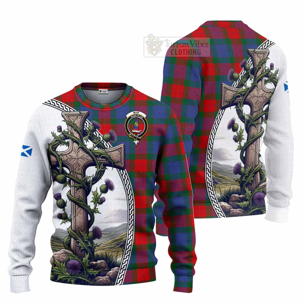 Mar Tartan Knitted Sweater with Family Crest and St. Andrew's Cross Accented by Thistle Vines Unisex - Tartan Vibes Clothing