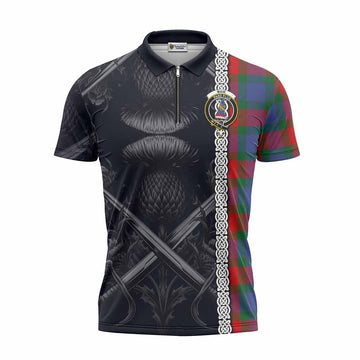 Mar Tartan Zipper Polo Shirt with Family Crest Cross Sword Thistle Celtic Vibes Unisex - Tartan Vibes Clothing