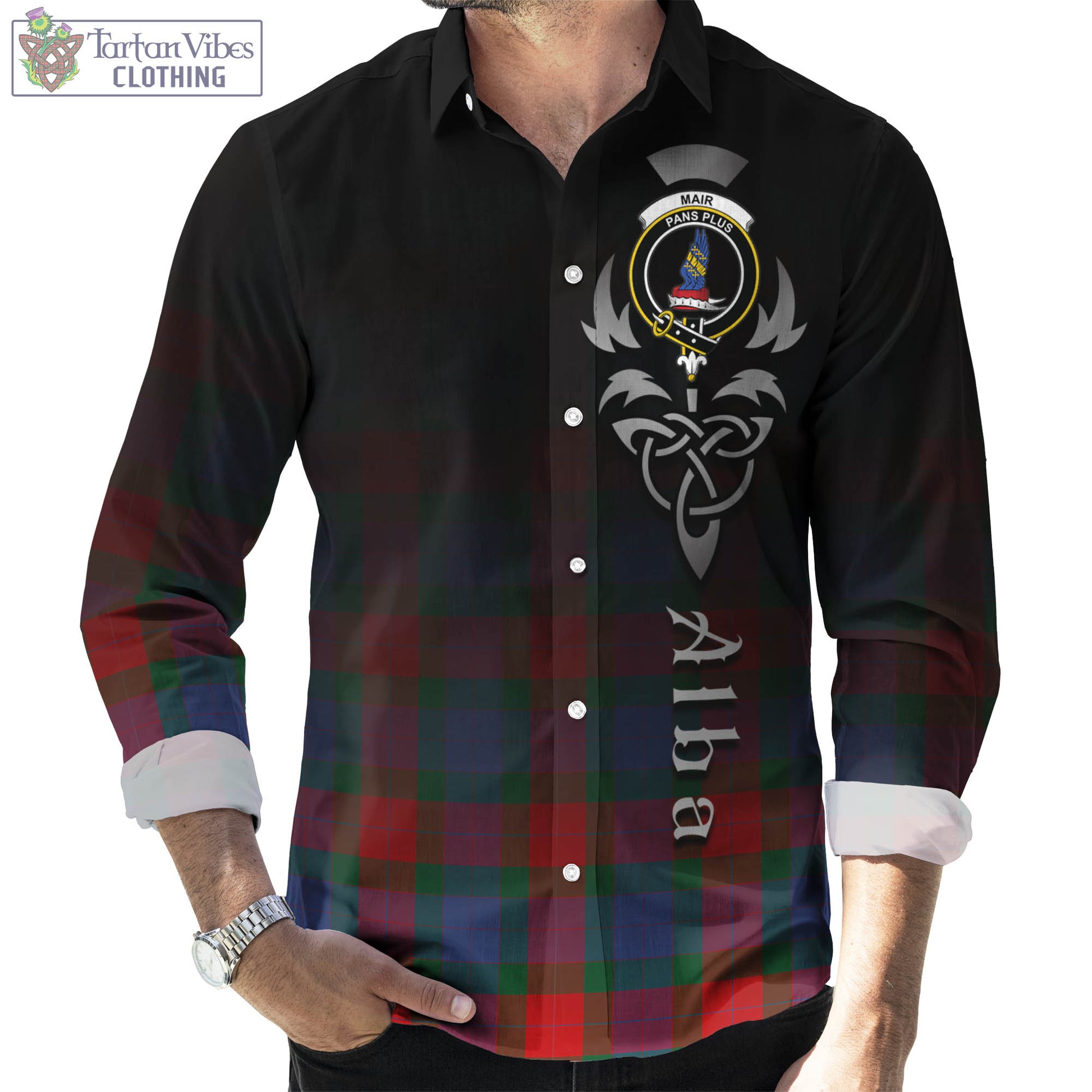 Mar Tartan Long Sleeve Button Up Featuring Alba Gu Brath Family Crest Celtic Inspired Men's Shirt - Tartan Vibes Clothing