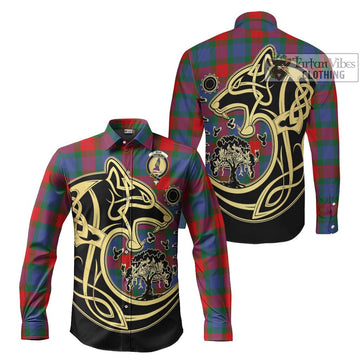 Mar Tartan Long Sleeve Button Shirt with Family Crest Celtic Wolf Style Men's Shirt S - Tartan Vibes Clothing