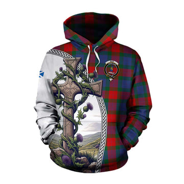 Mar Tartan Cotton Hoodie with Family Crest and St. Andrew's Cross Accented by Thistle Vines Pullover Hoodie XS - Tartan Vibes Clothing